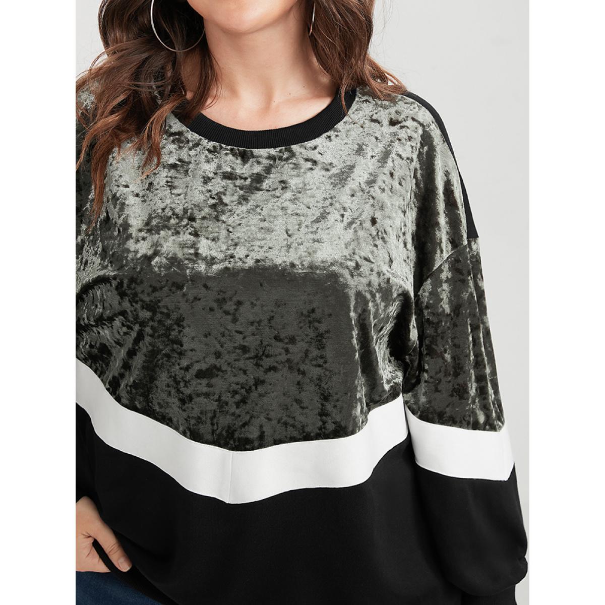 Plus Size Colorblock Contrast Velvet Patchwork Drop Shoulder Sweatshirt Women ArmyGreen Casual Patchwork Round Neck Dailywear Sweatshirts BloomChic 12/L Product Image