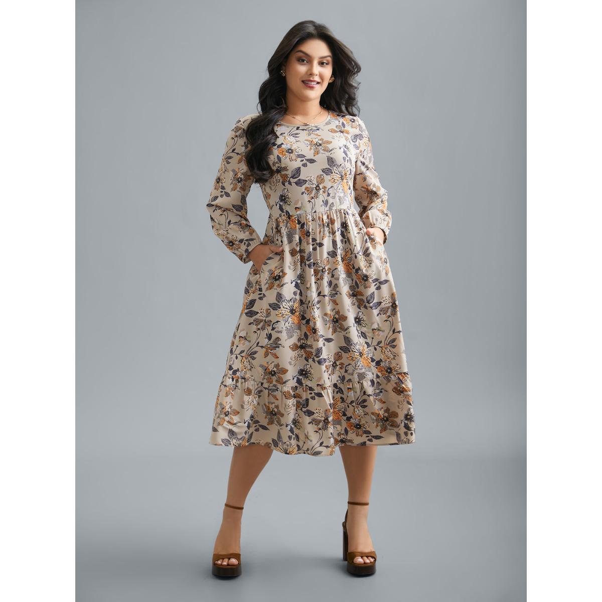 Plus Size Floral Stretchy Waist-Cinched Pocket Dress Tan Women Elegant Non Round Neck Long Sleeve Curvy BloomChic 30/6X Product Image