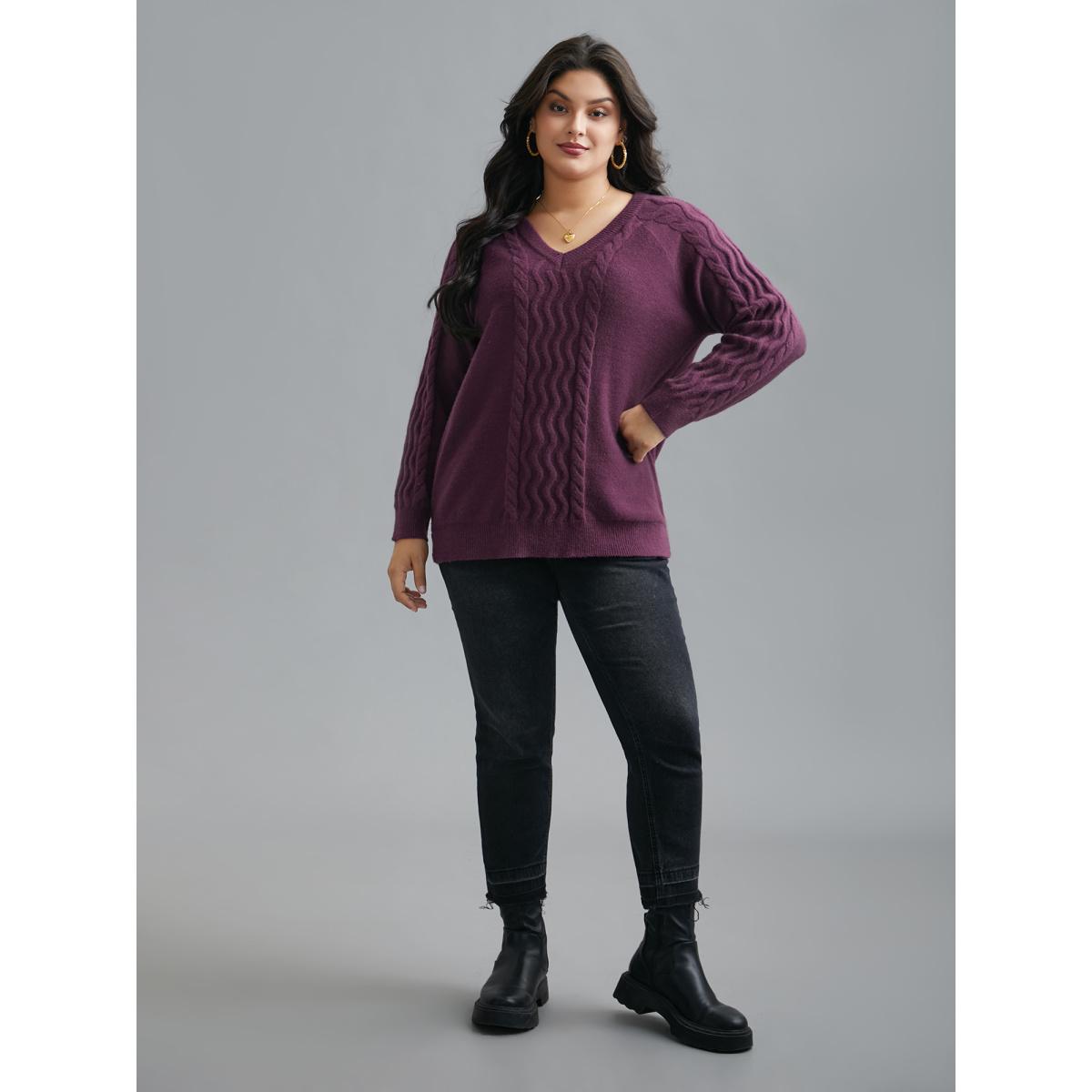 Plus Size Plain V Neck Cable Knit Pullover Deeppurplered Women Casual Loose Long Sleeve V-neck Everyday Pullovers BloomChic 22-24/3X Product Image