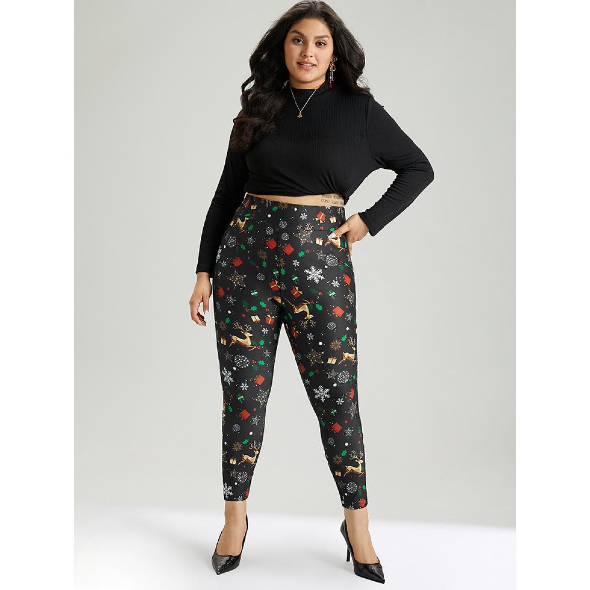 Plus Size Christmas Print Elastic Waist Leggings Women Black Casual High stretch Skinny High Rise Dailywear Leggings BloomChic 28/5X Product Image