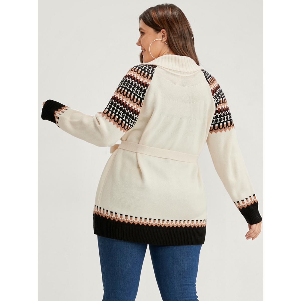 Plus Size Fair Isle Pointelle Knit Belted Jacquard Button Front Cardigan Multicolor Women Casual Loose Long Sleeve Dailywear Cardigans BloomChic 22-24/3X Product Image