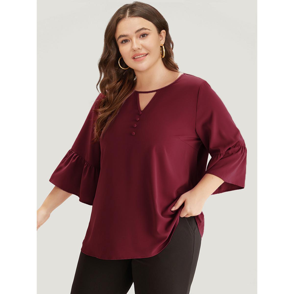 Plus Size Cyan Plain Keyhole Bell Sleeve Button Detail Blouse Women Office Elbow-length sleeve V-neck Office Blouses BloomChic 14-16/1X Product Image