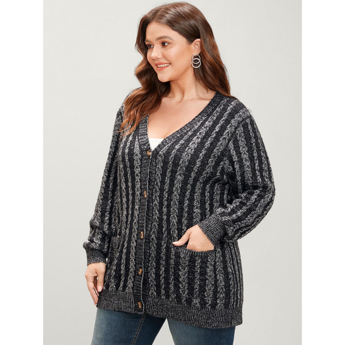 Plus Size Striped Contrast Pointelle Knit Pocket Button Front Heather Cardigan DimGray Women Casual Loose Long Sleeve Everyday Cardigans BloomChic 14-16/1X Product Image