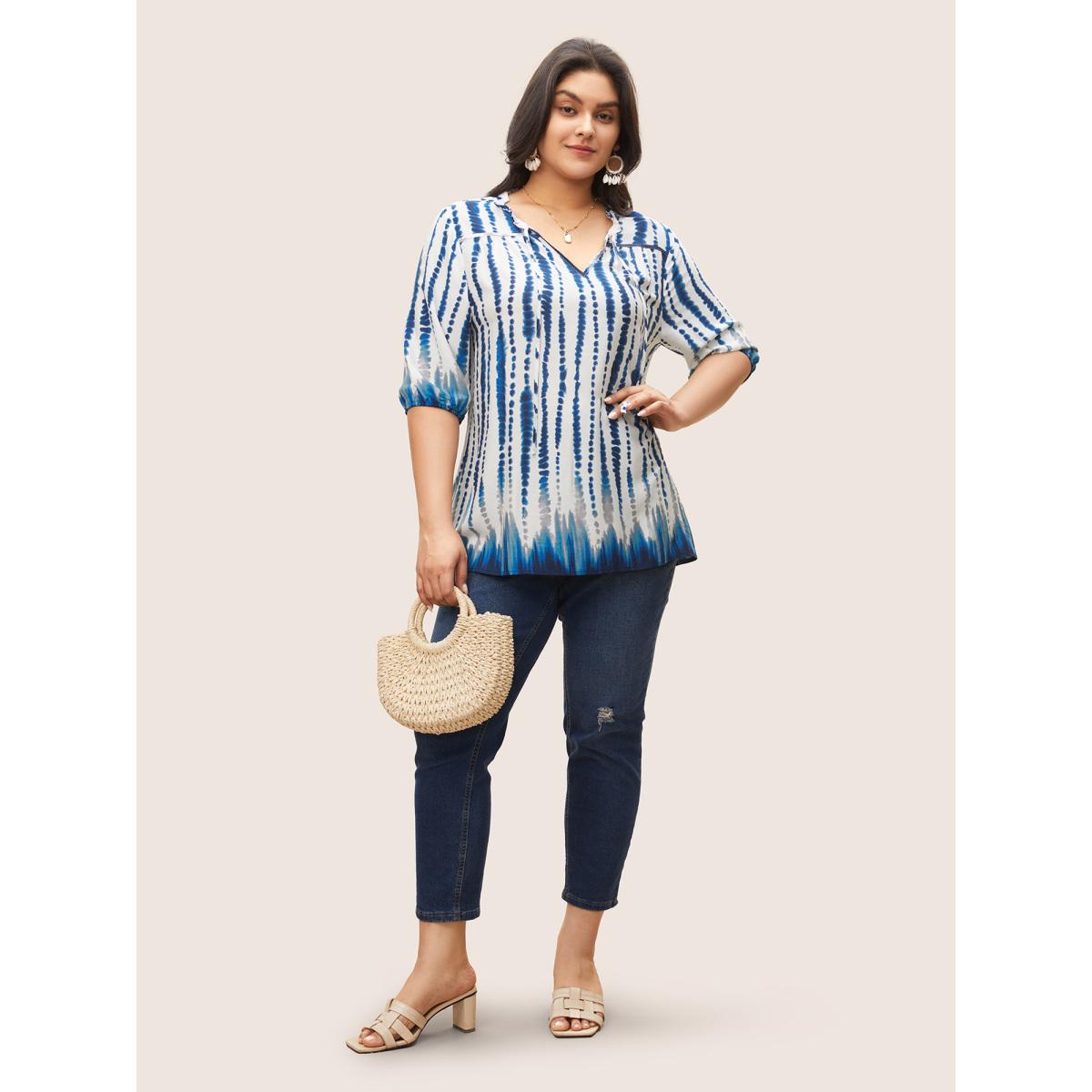 Plus Size DarkBlue Tie Dye Tie Neck Frill Trim Blouse Women Resort Half Sleeve Notched collar Vacation Blouses BloomChic 22-24/3X Product Image