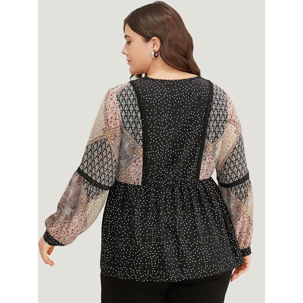 Plus Size BlackFlower Bandana Polka Dot Patchwork Contrast Blouse Women Vacation Long Sleeve V-neck Vacation Blouses BloomChic 12/L Product Image