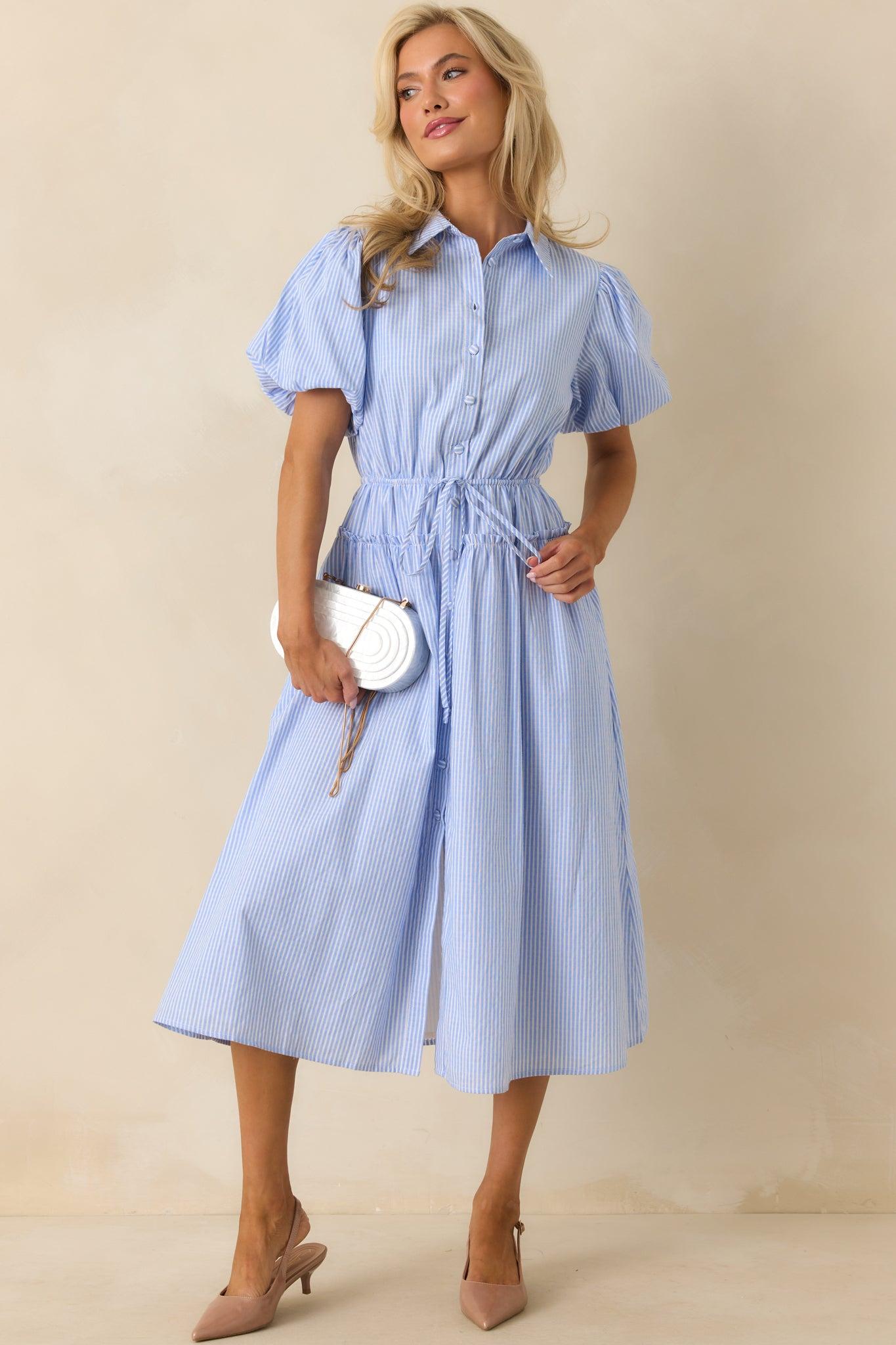 A Twist On Timeless Blue Stripe Rayon Maxi Shirt Dress Product Image