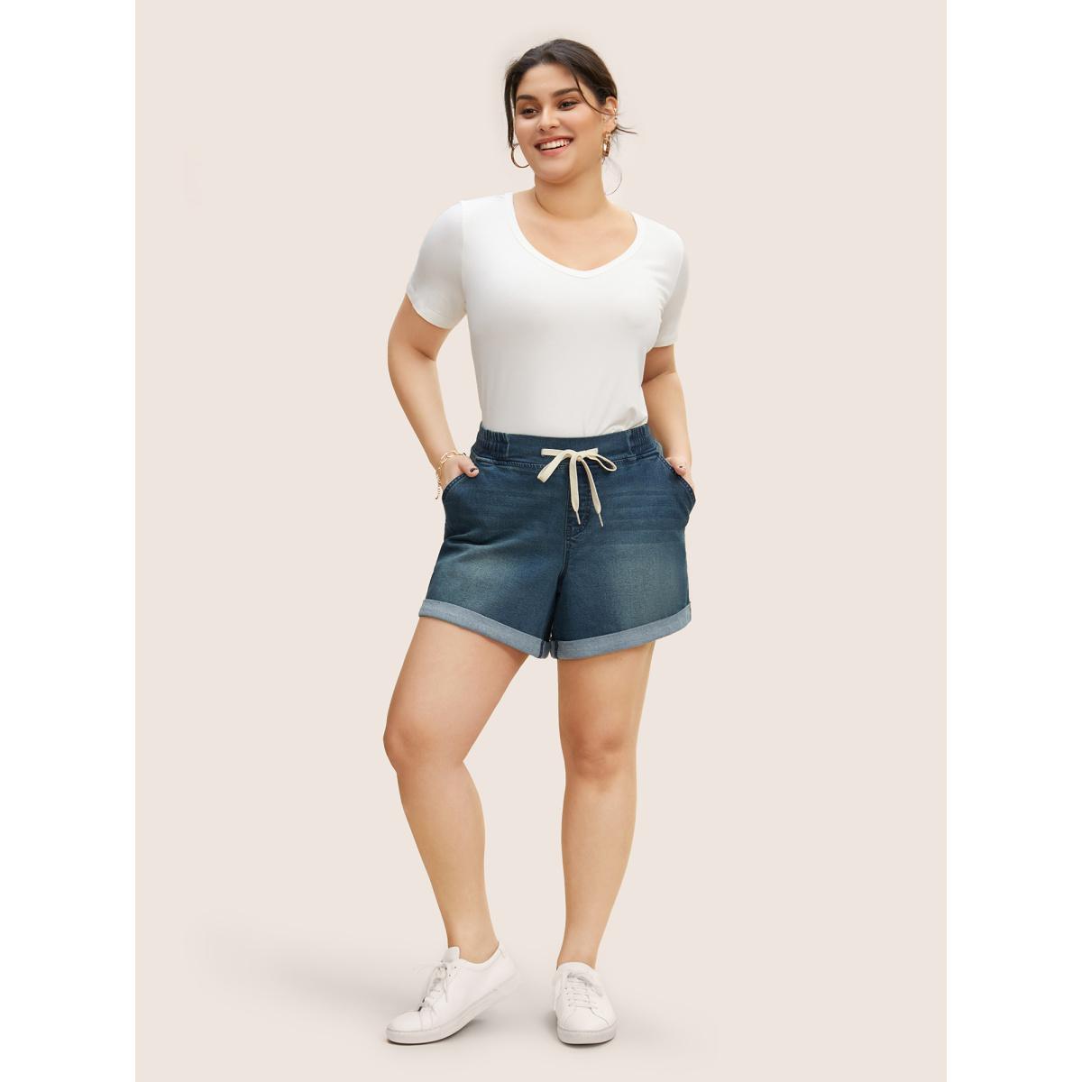 Plus Size Dark Wash Roll Hem Drawstring Denim Shorts Women Denimblue Roll Hem High stretch Everyday Slanted pocket Casual Denim Shorts BloomChic 24/3X Product Image