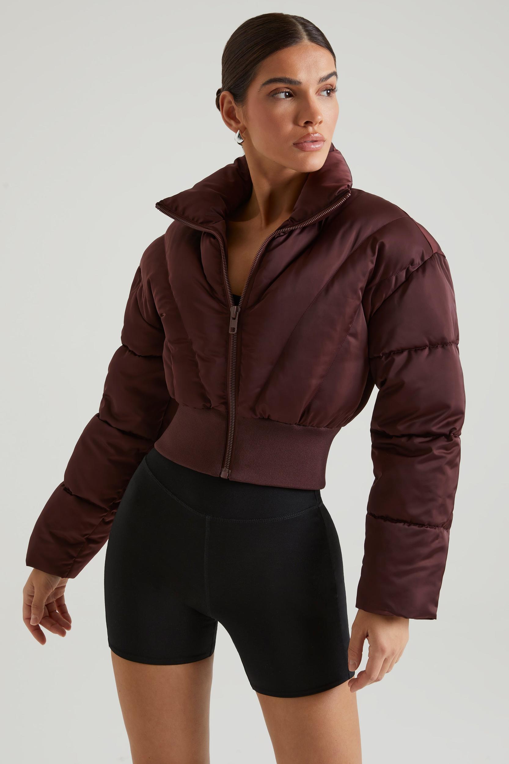 Ribbed Puffer Jacket in Brown Product Image