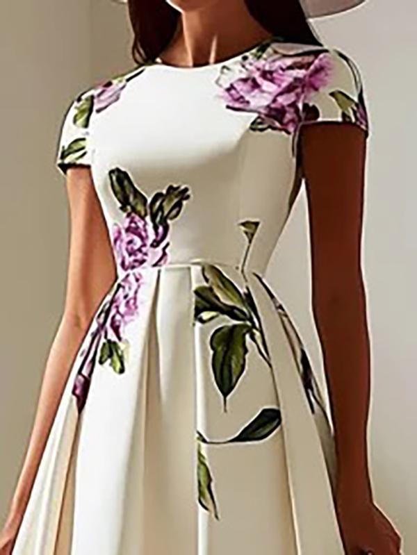 A-Line High Waisted Flower Print Pleated Round-Neck Midi Dresses Product Image