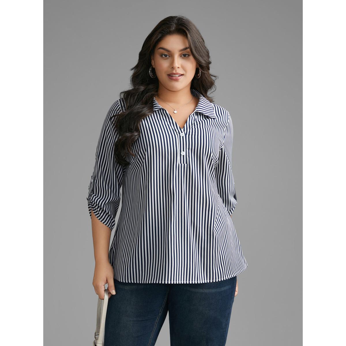Plus Size Indigo Striped Button Cuff Sleeve Split Hem Blouse Women At the Office Elbow-length sleeve Shirt collar Work Blouses BloomChic 12/L Product Image