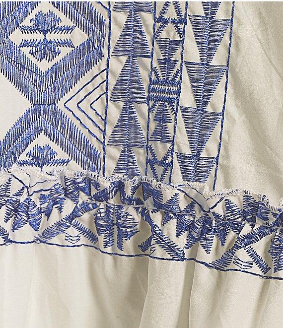 Calessa Plus Size Embroidered Printed Band Collar Split V-Neck 3/4 Sleeve Shift Dress Product Image