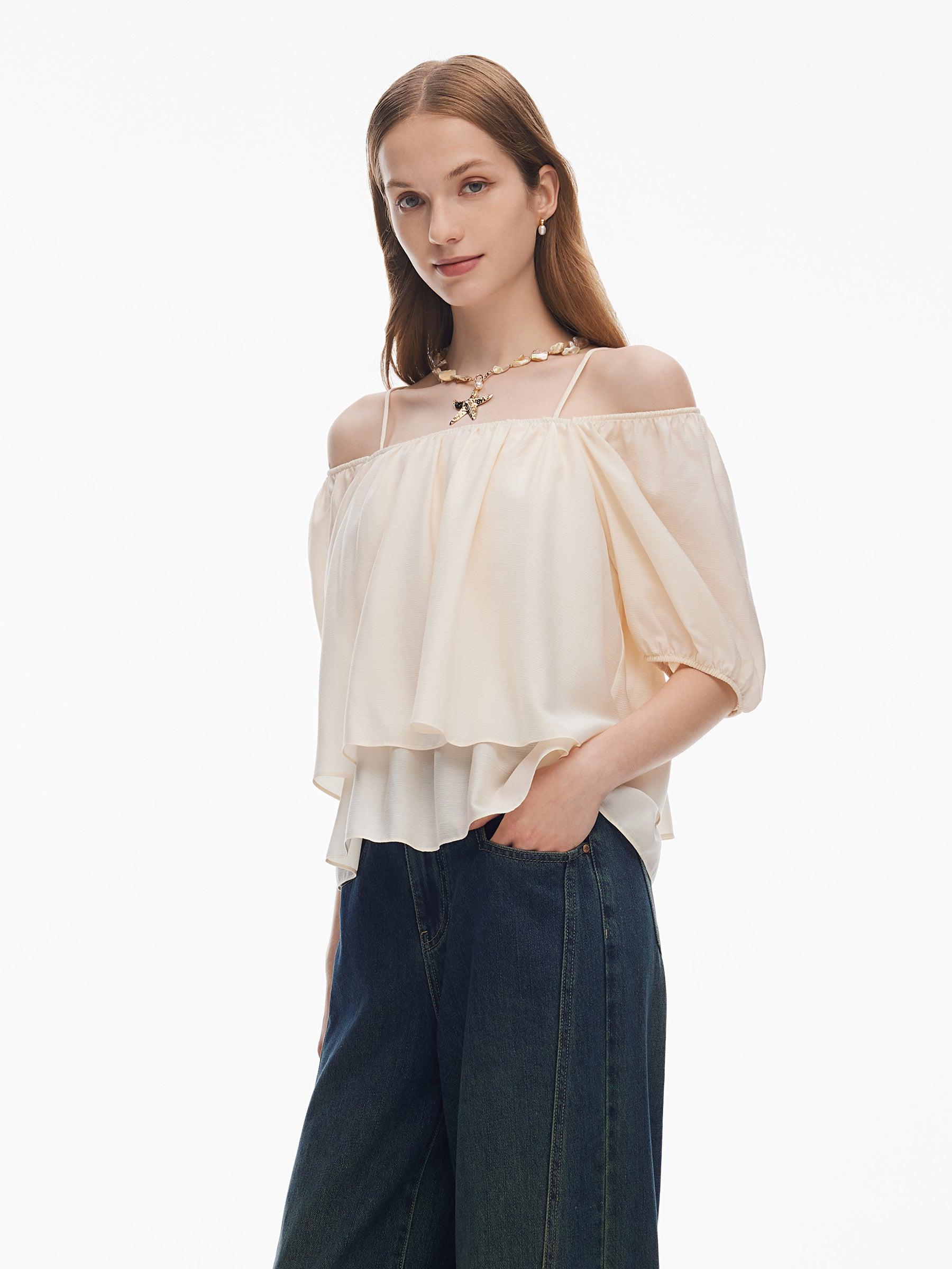 Acetate Blend Convertible Neckline Women Ruffle Hem Top Product Image