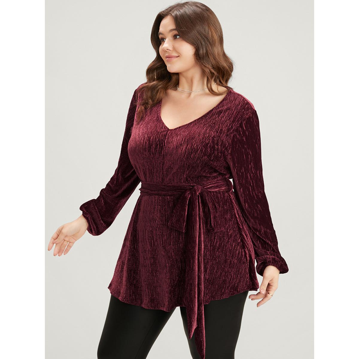 Plus Size Burgundy Glitter Textured Lantern Sleeve Belted Ruffle Blouse Women Party Long Sleeve V-neck Going out Blouses BloomChic 14-16/1X Product Image