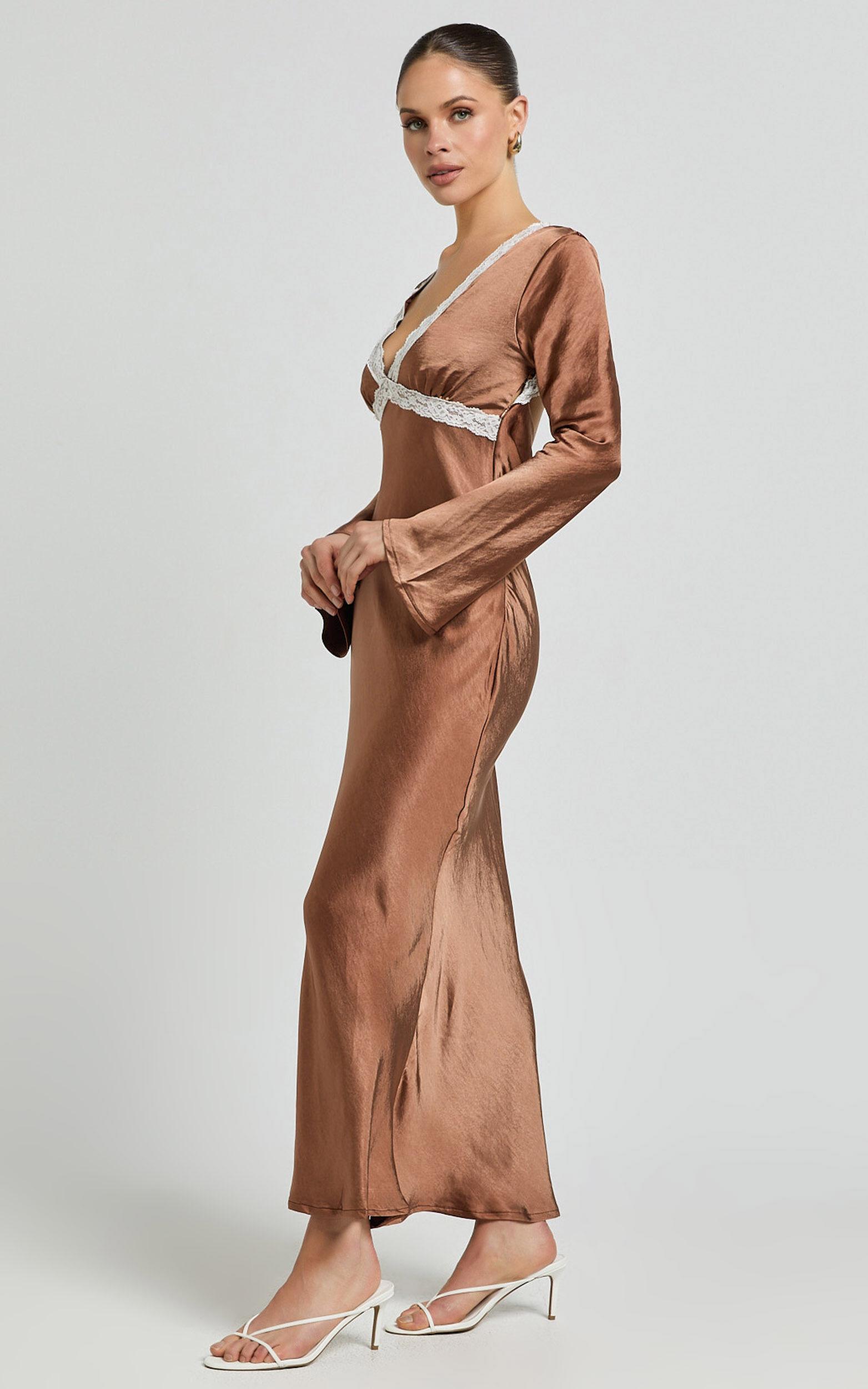 Carmela Midi Dress - Long Sleeve V Neck Lace Detail Dress in Chocolate Product Image