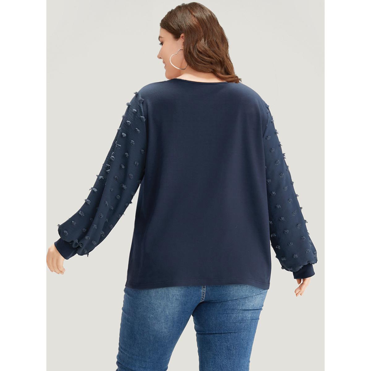 Plus Size Solid V Neck Patchwork Elastic Cuffs Sweatshirt Women Blue Elegant Elastic cuffs V-neck Dailywear Sweatshirts BloomChic 18-20/2X Product Image