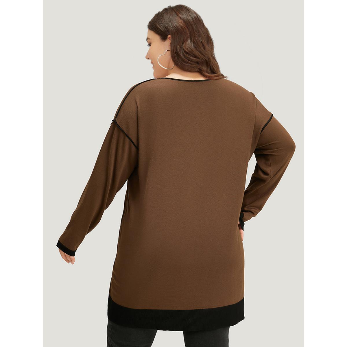 Plus Size Contrast Seam Detail Drop Shoulder Pullover DarkBrown Women Casual Loose Sleeveless V-neck Dailywear Pullovers BloomChic 30/6X Product Image
