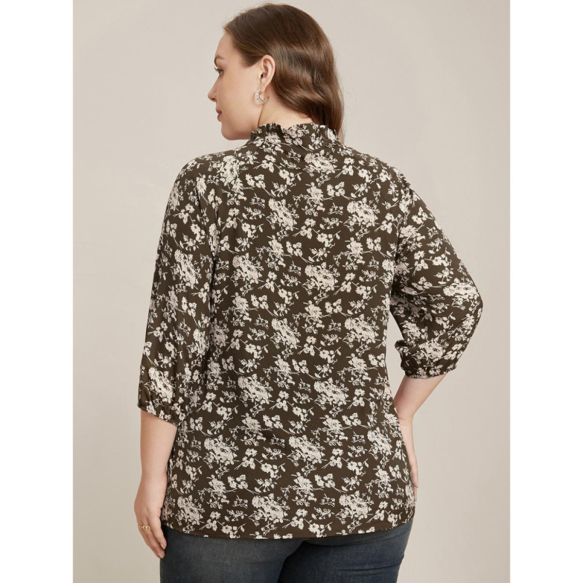 Plus Size DarkBrown Floral Print Lantern Sleeve Tie V Neck Blouse Women Elegant Elbow-length sleeve V-neck Dailywear Blouses BloomChic 14-16/1X Product Image