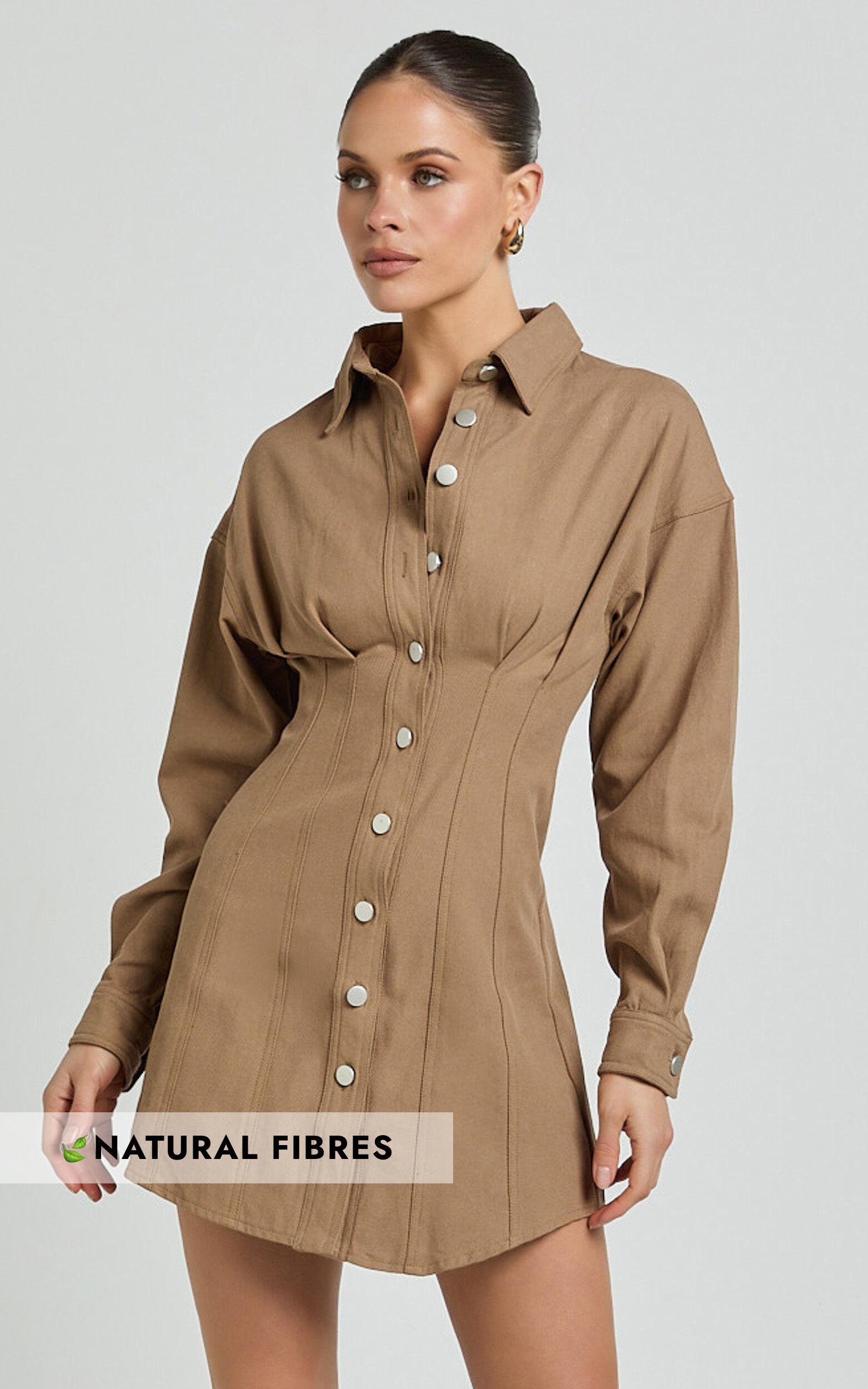 Sofia Mini Dress - Button Through Long Sleeve Dress in Mocha Product Image
