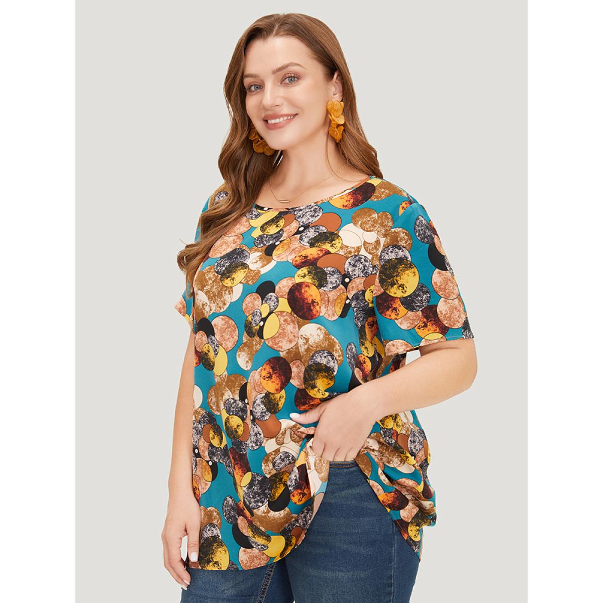 Plus Size Cyan Allover Print Round Neck Contrast Blouse Women Elegant Short sleeve Round Neck Dailywear Blouses BloomChic 22-24/3X Product Image