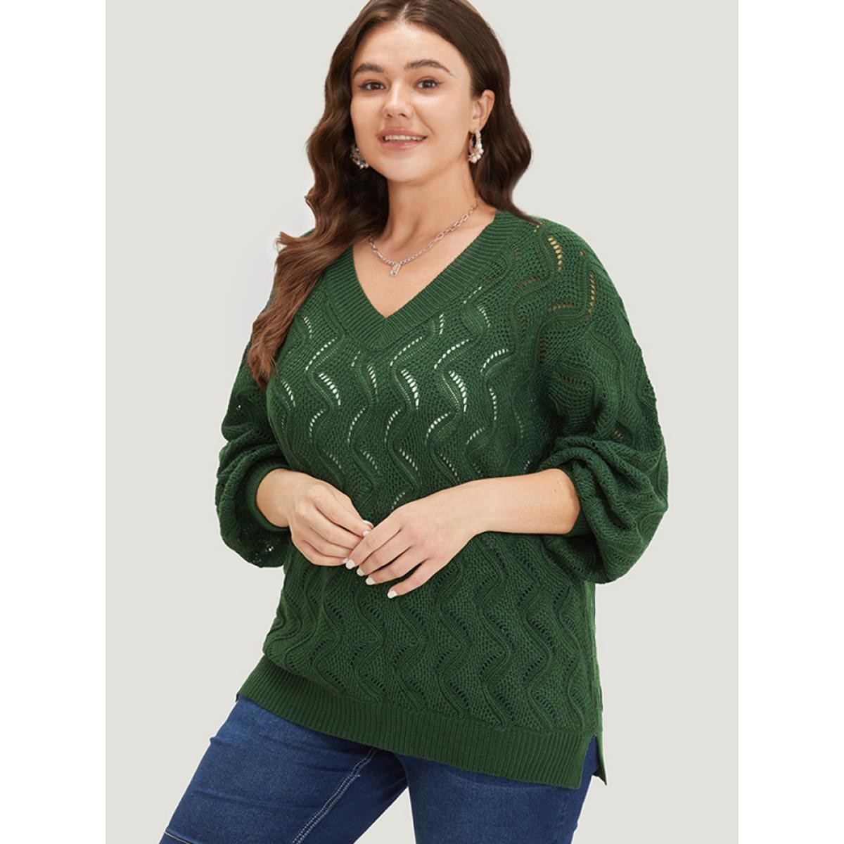 Plus Size Plain Hollow Out V Neck Pullover DarkGreen Women Casual Loose Long Sleeve V-neck Everyday Pullovers BloomChic 26/4X Product Image