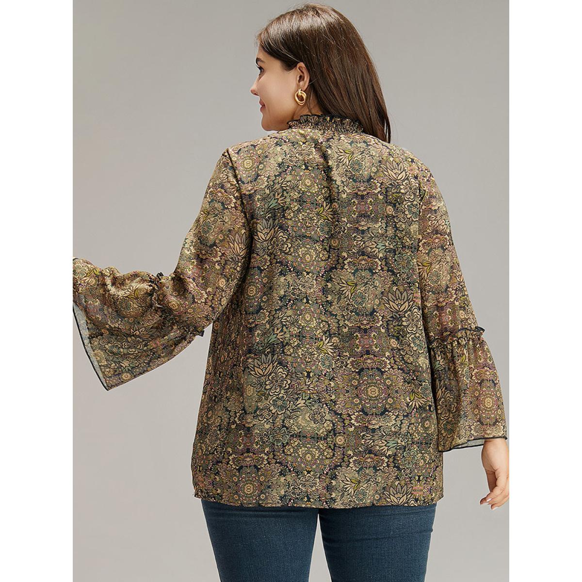 Plus Size Bronze Bandana Print Mesh Frill Trim Blouse Women Elegant Long Sleeve Round Neck Vacation Blouses BloomChic 30/6X Product Image