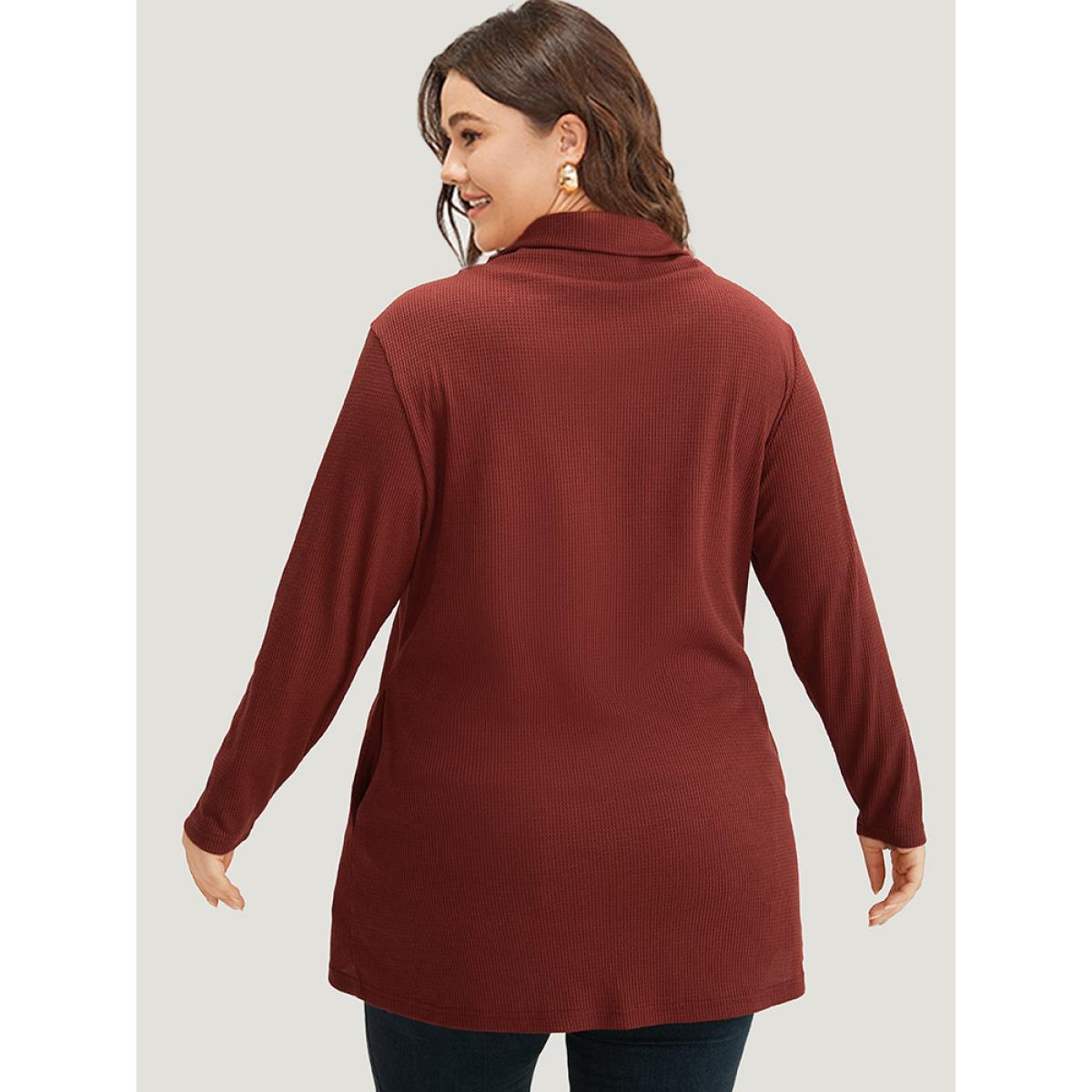 Plus Size Rib Knit Mock Neck Wrap Pocket Button Detail Sweatshirt Women Scarlet Casual Wrap Mock Neck Dailywear Sweatshirts BloomChic 22-24/3X Product Image