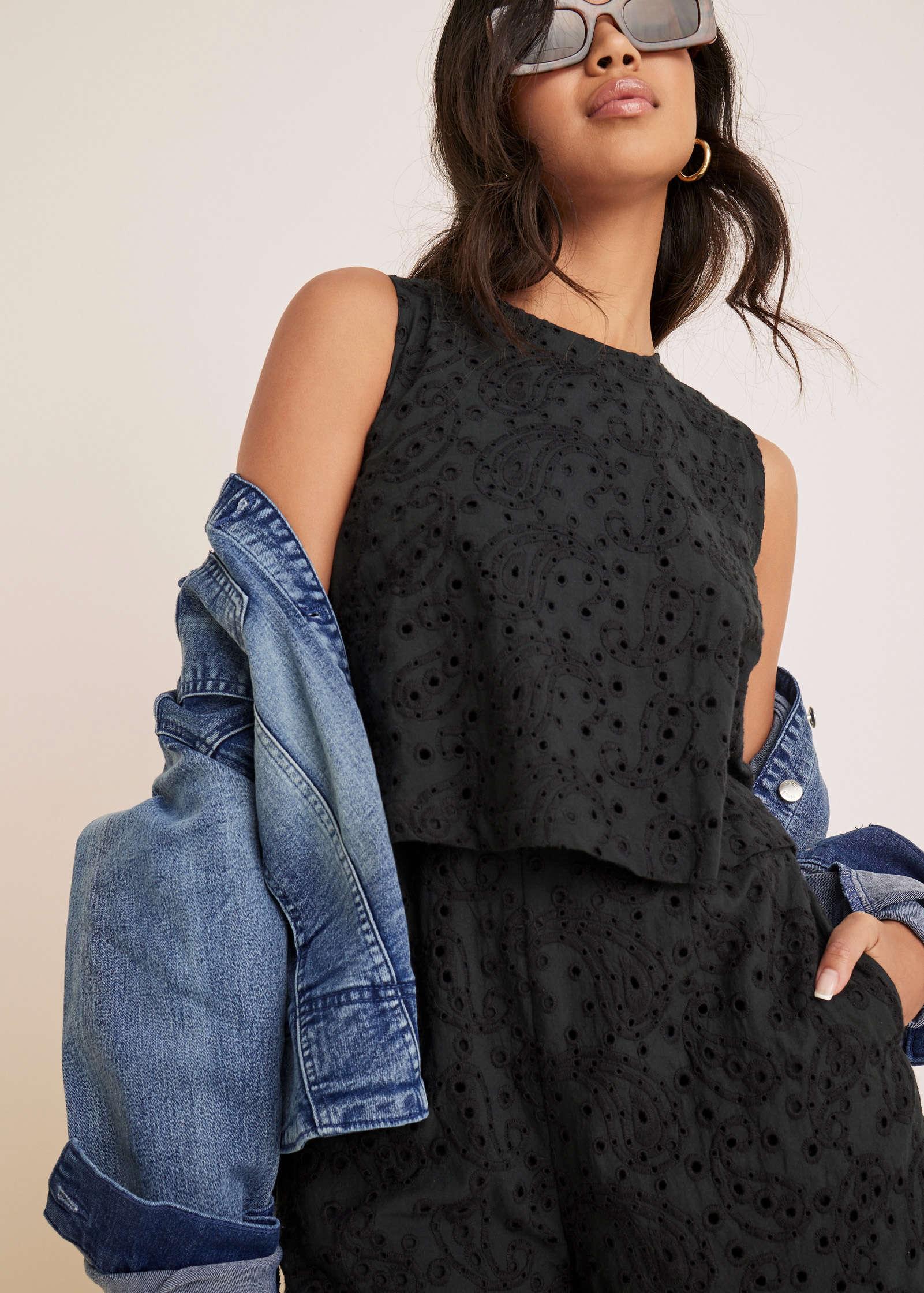 Paisley Eyelet Romper - Black Product Image