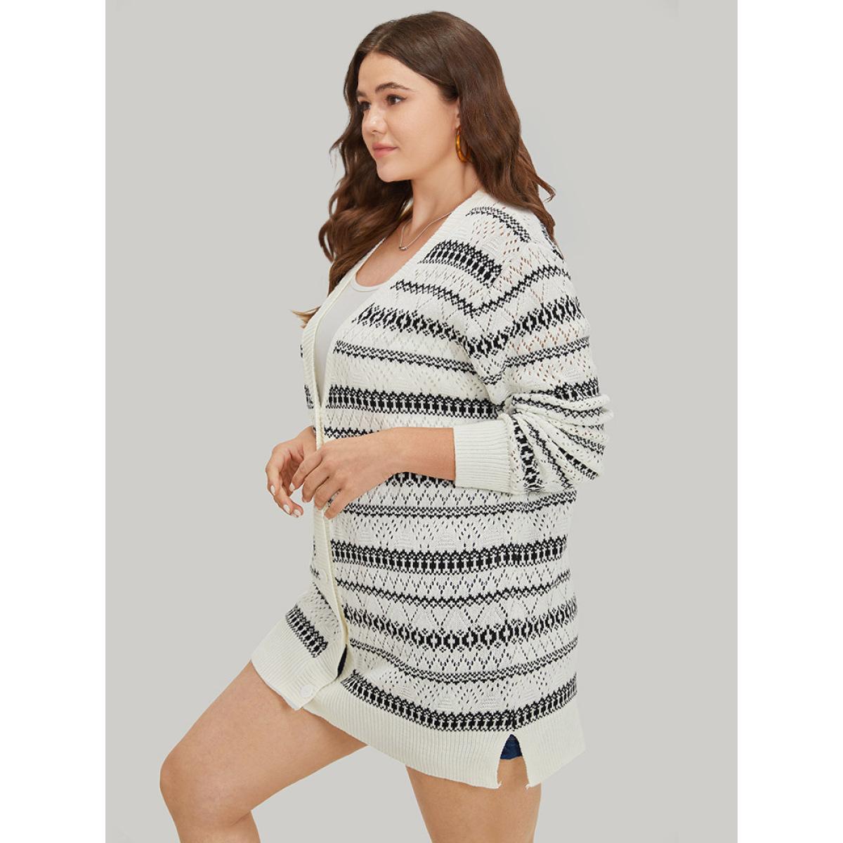 Plus Size Geometric Striped Button Through Patchwork Cardigan Ivory Women Casual Loose Long Sleeve Dailywear Cardigans BloomChic 22-24/3X Product Image