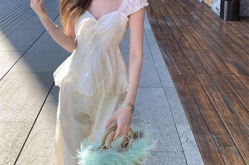 Cap Sleeve Sweetheart Neck Plain Bow Embroidered Eyelet Blouse / High Waist Wide Leg Pants Product Image