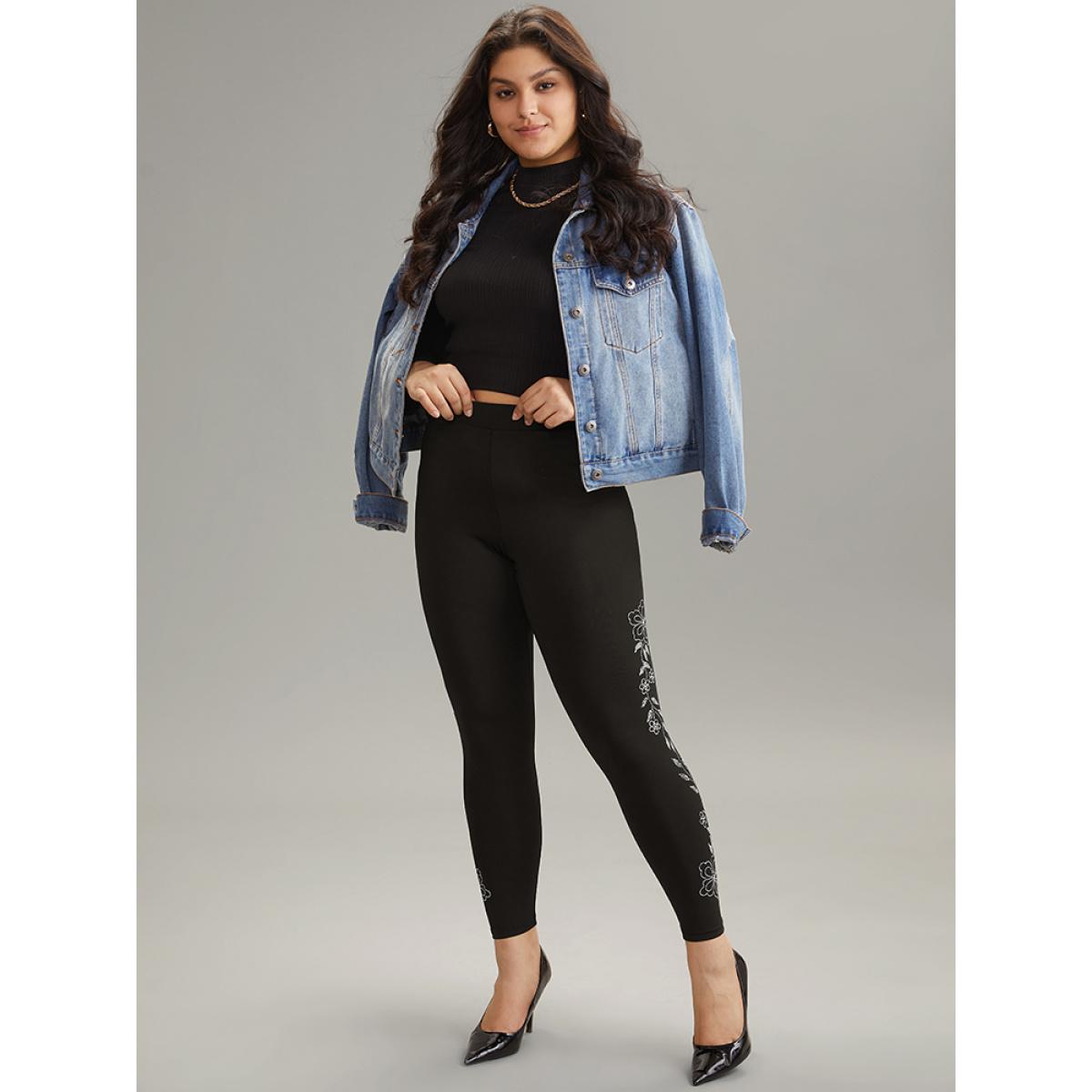 Plus Size Floral Rhinestone Patchwork High Rise Leggings Women Black Casual High stretch Skinny High Rise Dailywear Leggings BloomChic 28/5X Product Image