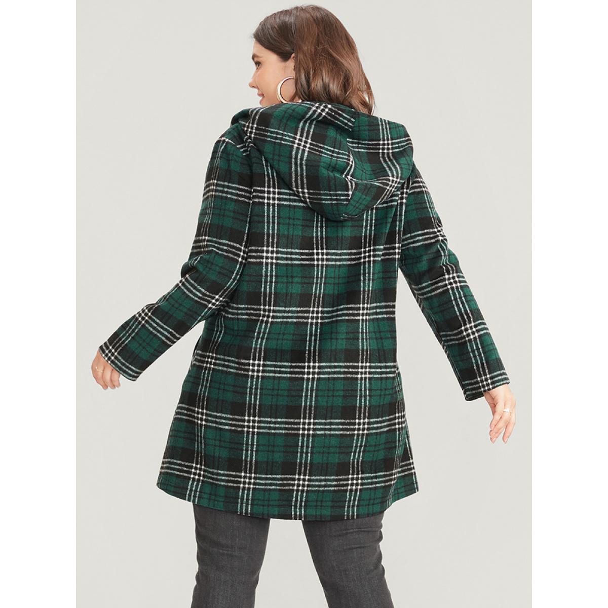 Plus Size Plaid Double Breasted Pocket Hooded Coat Women DarkGreen Casual Pocket Ladies Dailywear Winter Coats BloomChic 12/L Product Image