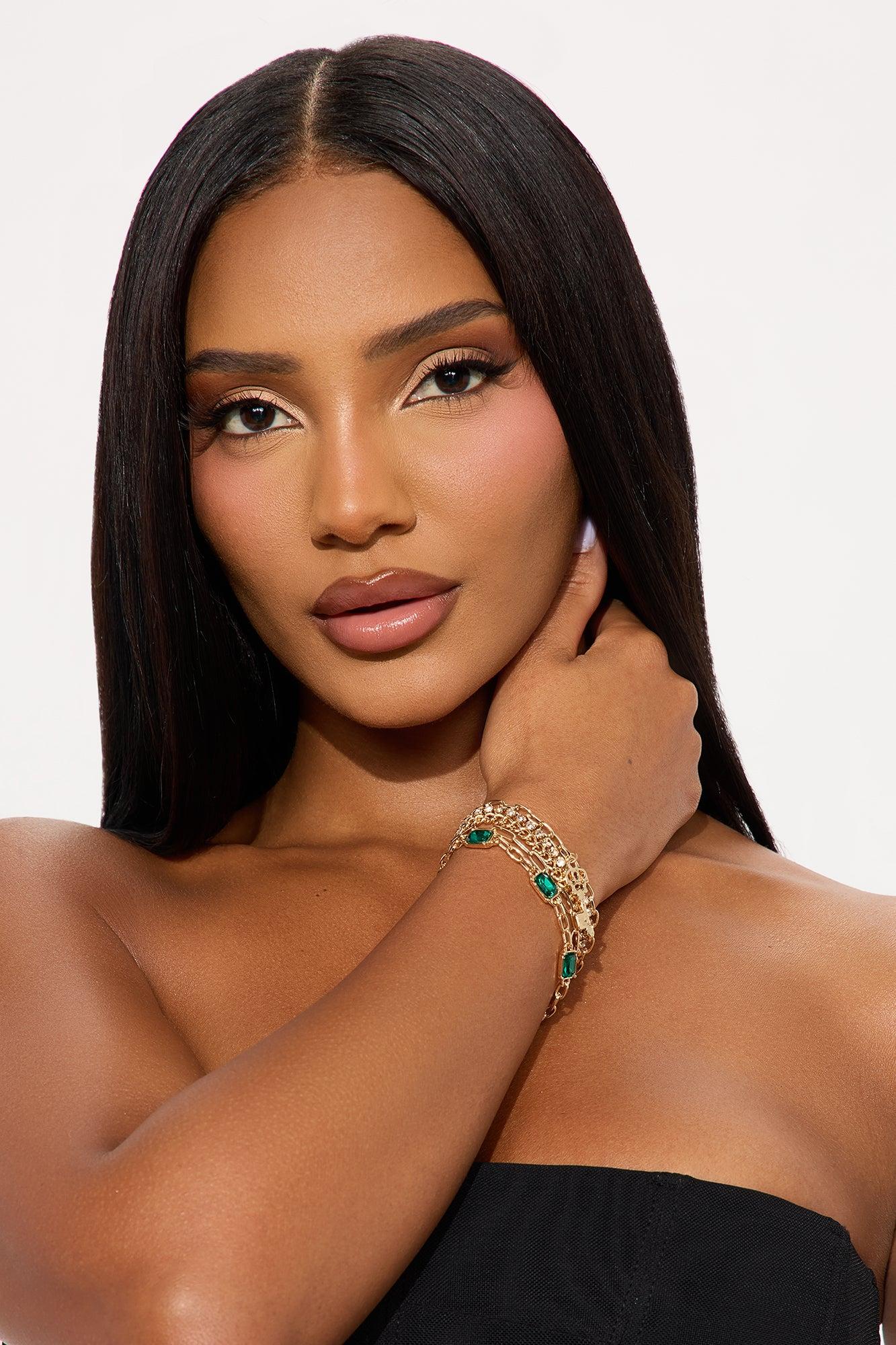 Charmed Life Rhinestone & Jewels 5 Piece Bracelet Set - Gold/Green Female Product Image