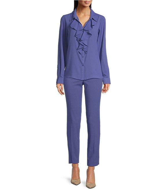 Calvin Klein Solid Georgette Point Collar Long Sleeve Ruffle Front Blouse Product Image