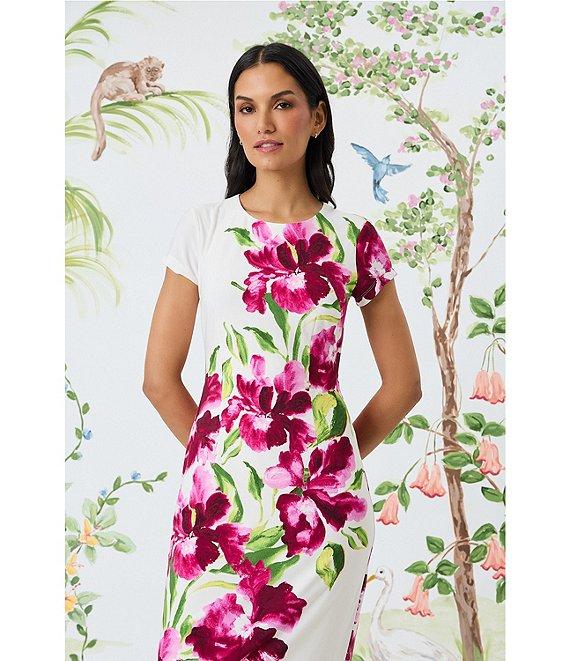 Maggy London Matte Jersey Floral Print Crew Neck Short Sleeve Sheath Midi Dress Product Image