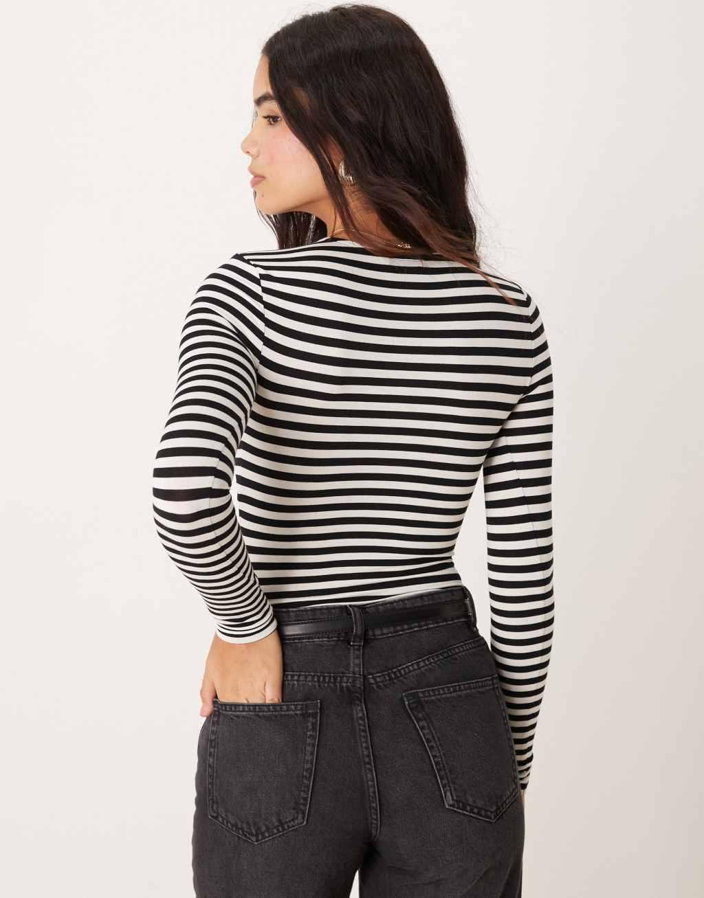 Miss Selfridge long sleeve crew neck bodysuit in mono stripe Product Image