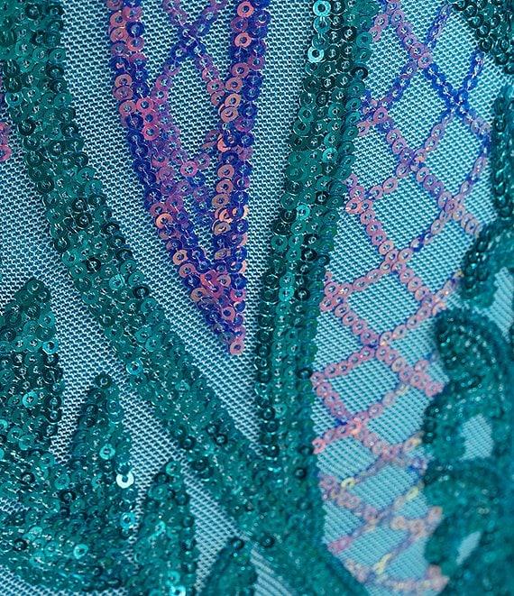 Blondie Nites Sequin Pattern Scoop Neck Spaghetti Strap Front Slit Tie Back Gown Product Image