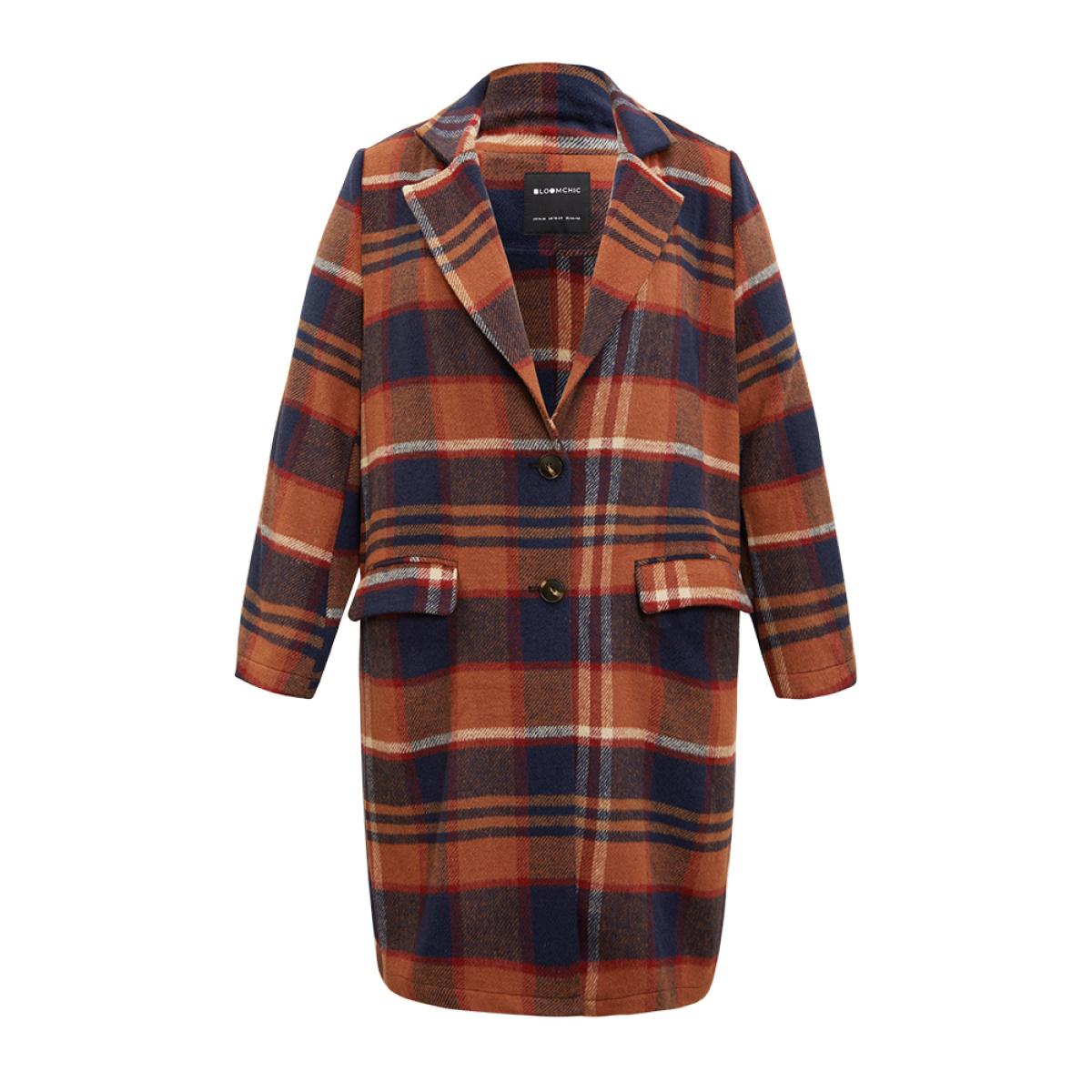 Plus Size Lapel Collar Plaid Pocket Button Up Coat Women OrangeRed Casual Contrast Ladies Dailywear Winter Coats BloomChic 28/5X Product Image