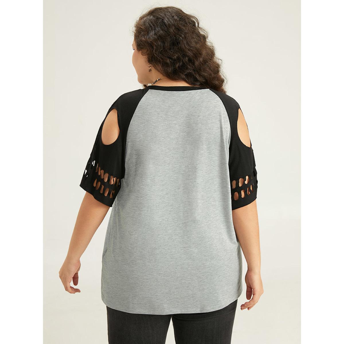 Plus Size Halloween Skull Cut Out Raglan Sleeve T-shirt Gray Women Casual Patchwork Graphic-Halloween V-neck Festival-Halloween T-shirts BloomChic 12/L Product Image