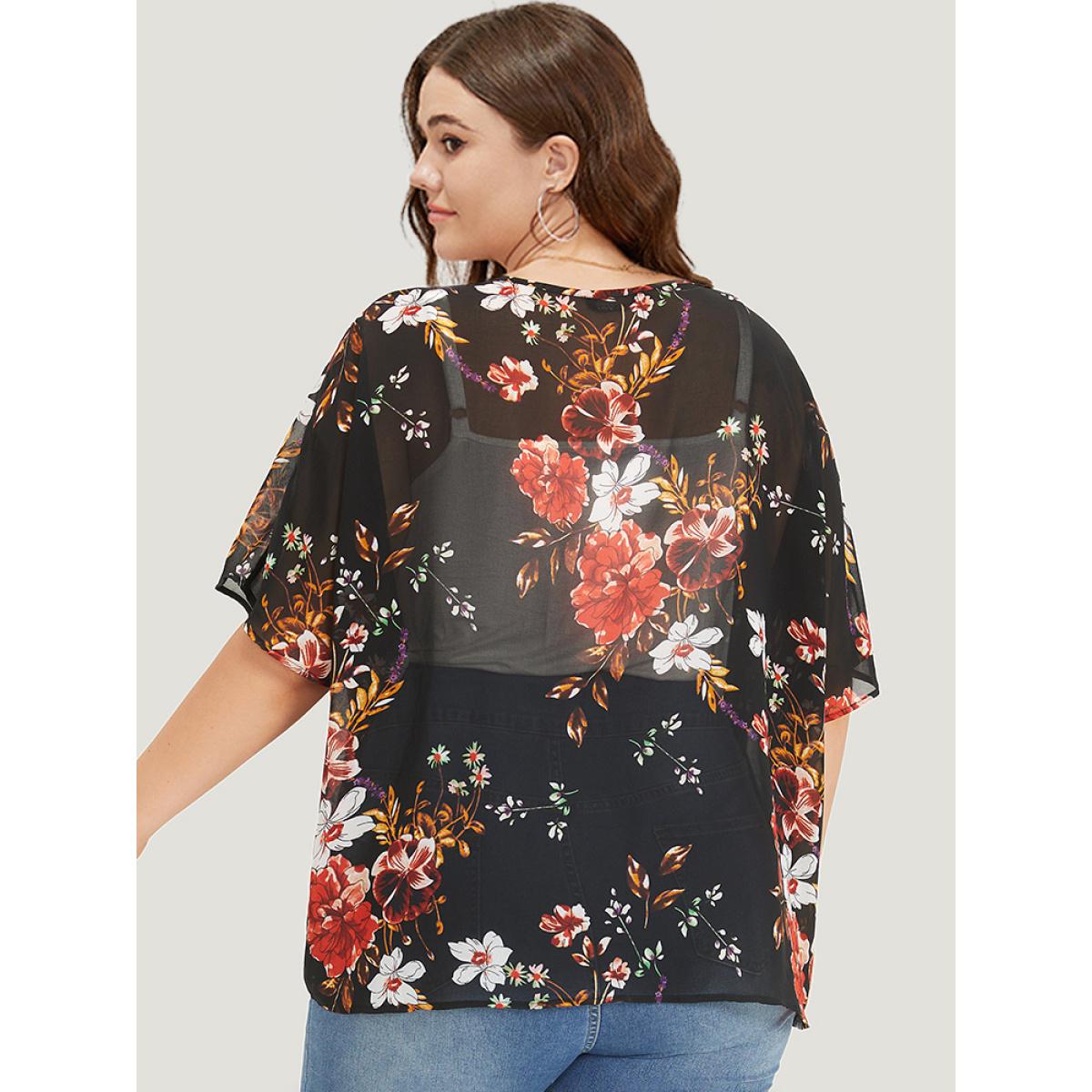 Plus Size Floral Print Mesh Dolman Sleeve Kimono Women BlackFlower Elegant See through Loose Dailywear Kimonos BloomChic 26/4X Product Image