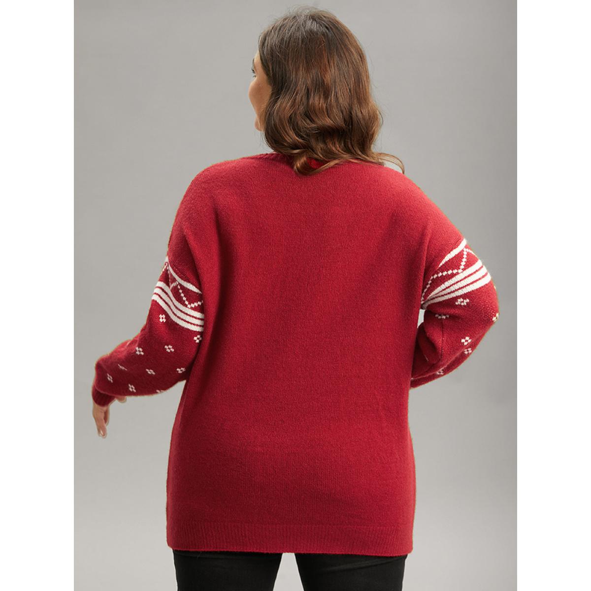 Plus Size Supersoft Essentials Towel Embroidered Snowflake Pullover Scarlet Women Casual Loose Long Sleeve V-neck Festival-Christmas Pullovers BloomChic 18-20/2X Product Image