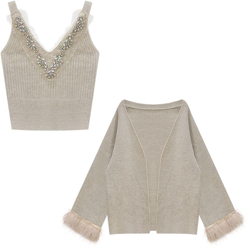 Plain Fluffy Trim Open Front Cardigan / V-Neck Rhinestone Ribbed Cami Top Product Image