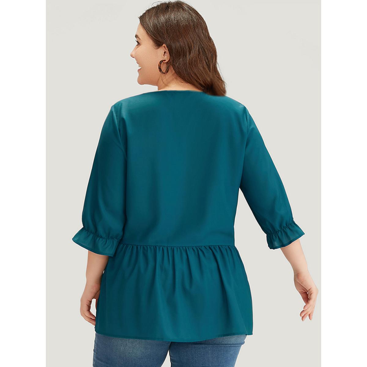 Plus Size Aegean Bandana Print Ties Flutter Trim Gathered Blouse Women Vacation Half Sleeve V-neck Dailywear Blouses BloomChic 28/5X Product Image