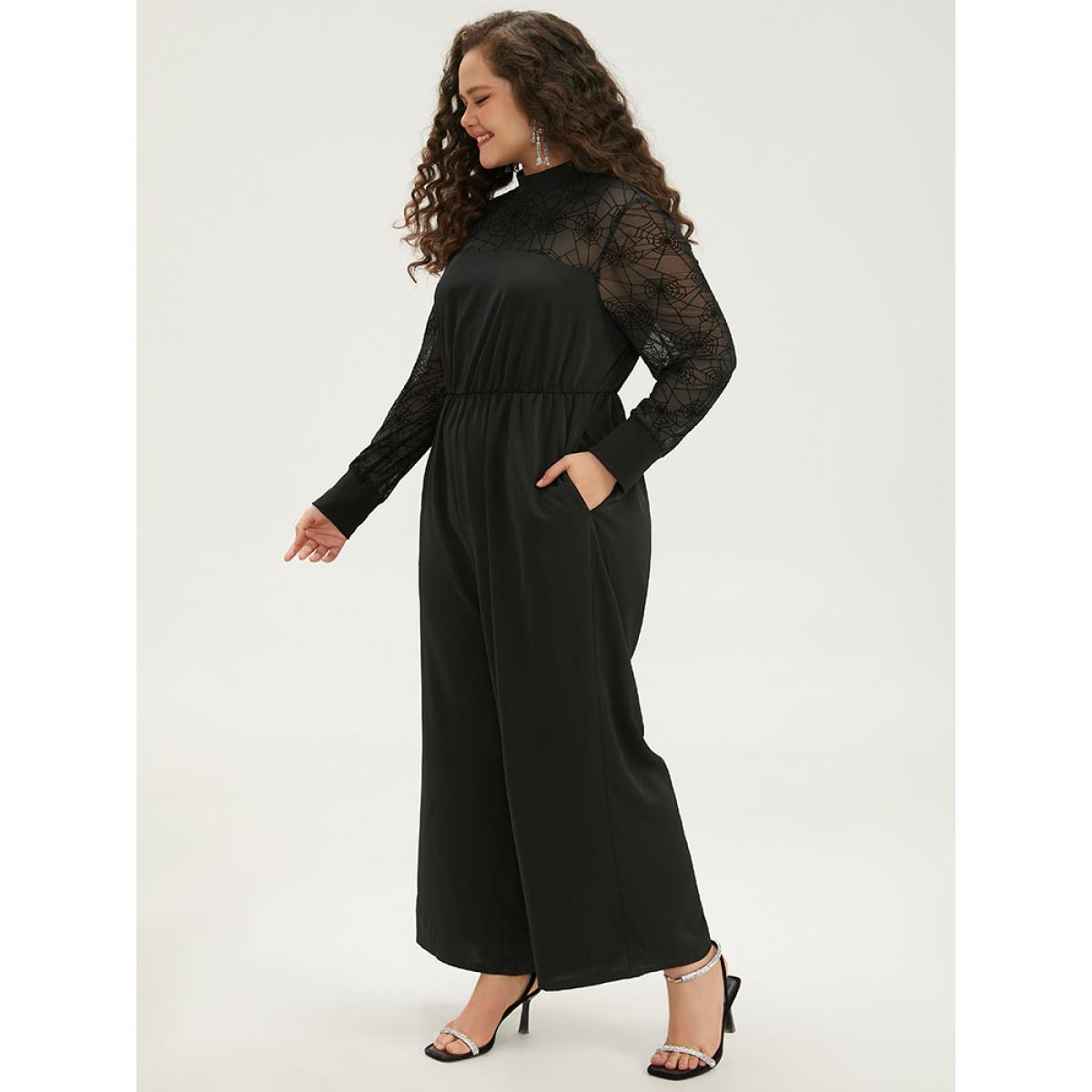 Plus Size Black Halloween Anti-Wrinkle Spider Web Crochet Lace Mesh Jumpsuit Women Glamour Long Sleeve Mock Neck Festival-Halloween Loose Jumpsuits BloomChic 14-16/1X Product Image