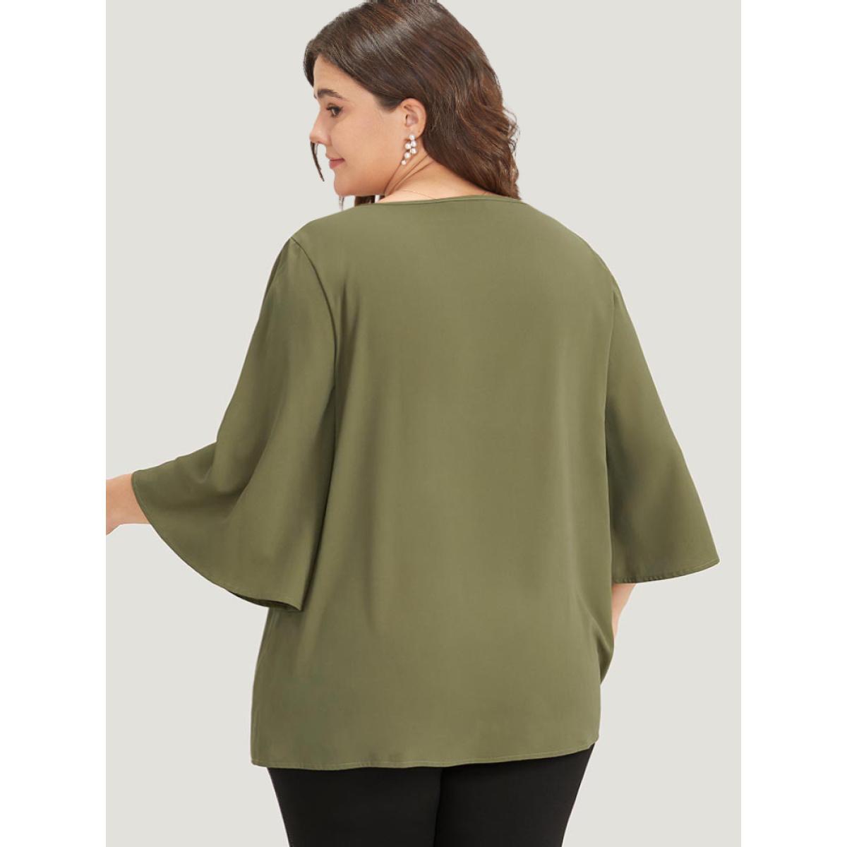 Plus Size ArmyGreen Plain Pleated Detail Bell Sleeve Blouse Women Office Elbow-length sleeve Round Neck Office Blouses BloomChic 14-16/1X Product Image