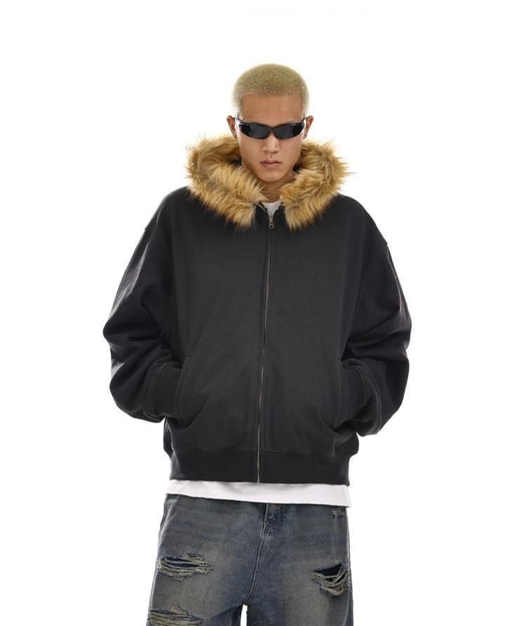 RT No. 12054 CARBON BLACK FUR ZIP-UP HOODIE Product Image