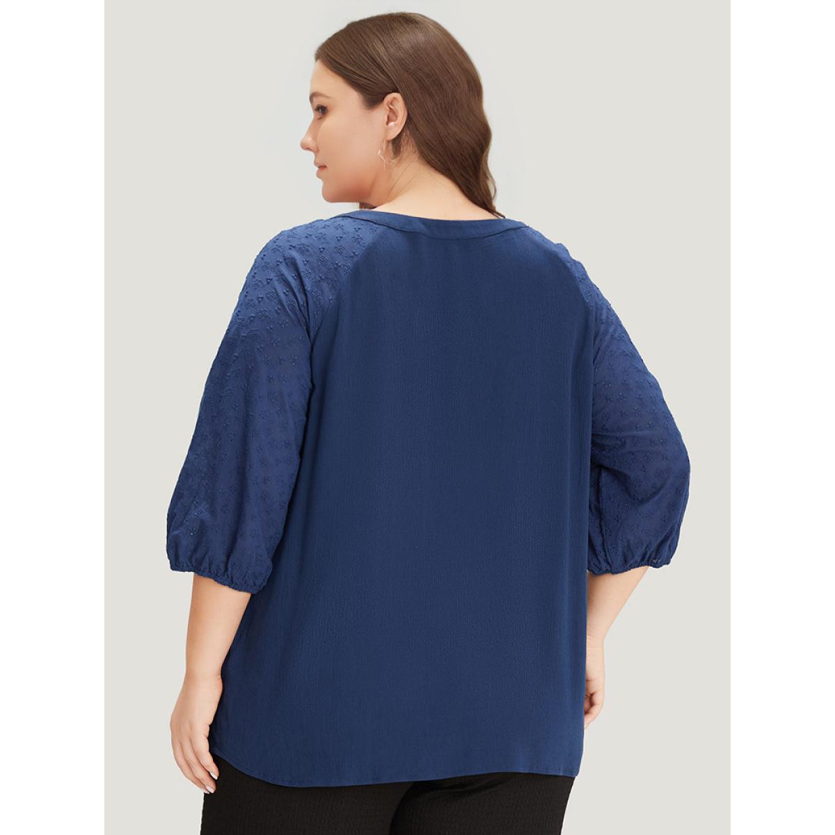 Plus Size Indigo Solid Button Up Patchwork Notched Lantern Sleeve Blouse Women Office Elbow-length sleeve Notched collar Office Blouses BloomChic 12/L Product Image