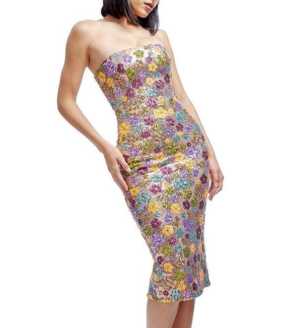 Dress the Population Viviana Sequin Floral Print Strapless Neck Sleeveless Sheath Midi Dress Product Image
