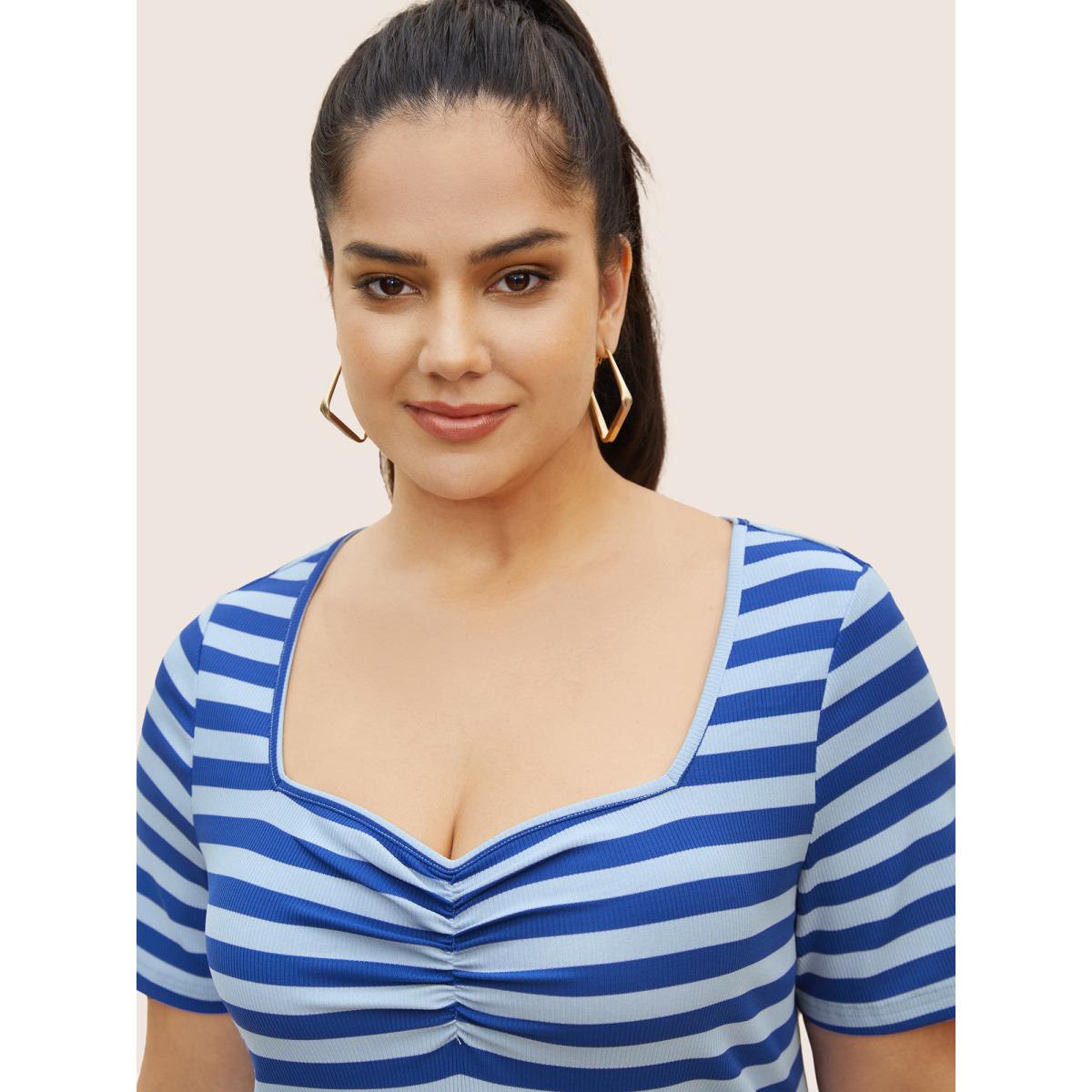 Plus Size Heart Neckline Striped Pit Strip Ruched T-shirt Brightblue Women Casual Gathered Heart neckline Everyday T-shirts BloomChic 28/5X Product Image