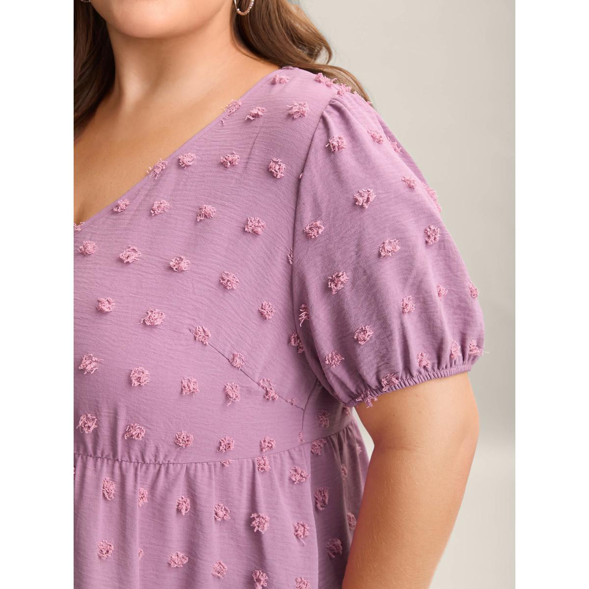 Plus Size Mauve Textured Puff Sleeve Tiered Blouse Women Casual Short sleeve V-neck Everyday Blouses BloomChic 10/M Product Image