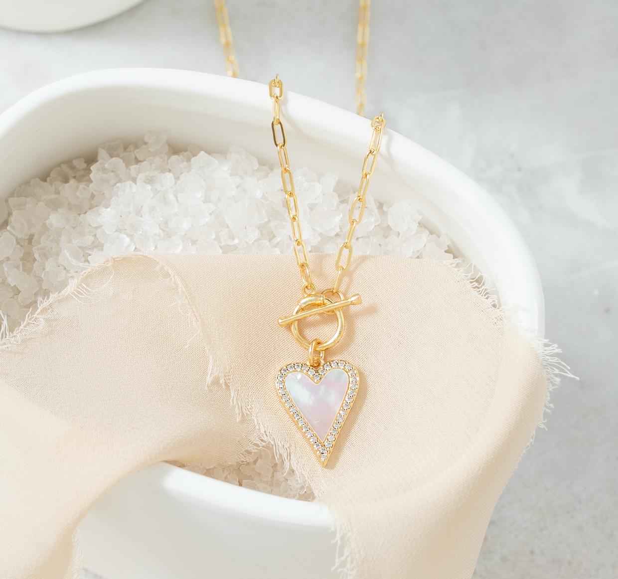 Mother Of Pearl Pave Heart Toggle Necklace Product Image